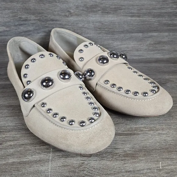 Karl Lagerfeld Avah Studded Loafer Flat Shoes Taupe Tan Beige Suede Womens Sz 7