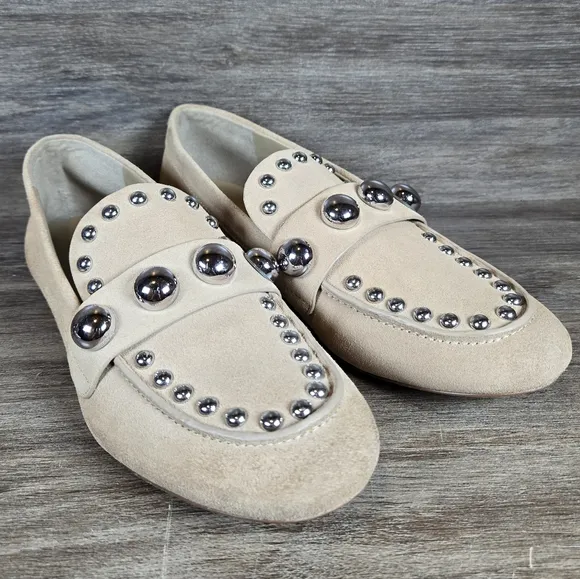 Karl Lagerfeld Avah Studded Loafer Flat Shoes Taupe Tan Beige Suede Womens Sz 7