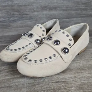 Karl Lagerfeld Avah Studded Loafer Flat Shoes Taupe Tan Beige Suede Womens Sz 7