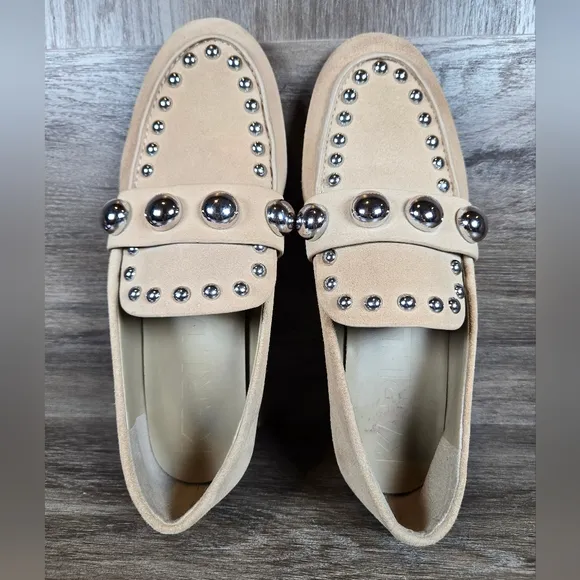 Karl Lagerfeld Avah Studded Loafer Flat Shoes Taupe Tan Beige Suede Womens Sz 7