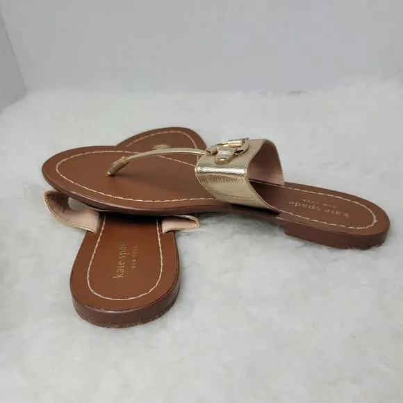 Kate Spade Cece Slide Gold Leather Thong Sandals Shoes Size 7.5