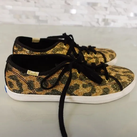 Kate Spade Shoes Girls Size 3 Sneakers Flat Casual Leopard Sparkle Gold Keds