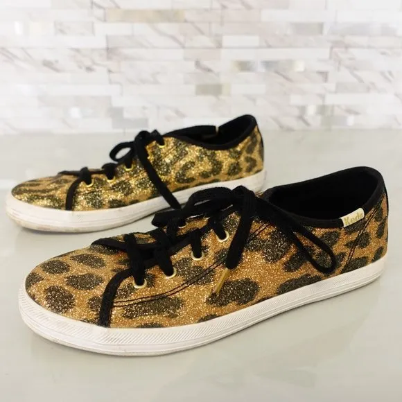 Kate Spade Shoes Girls Size 3 Sneakers Flat Casual Leopard Sparkle Gold Keds