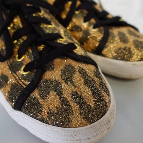 Kate Spade Shoes Girls Size 3 Sneakers Flat Casual Leopard Sparkle Gold Keds