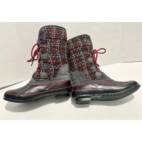 Khombu Elysse Rubber Upper Water Resistant Boots Plaid Lace Up Black Red 8