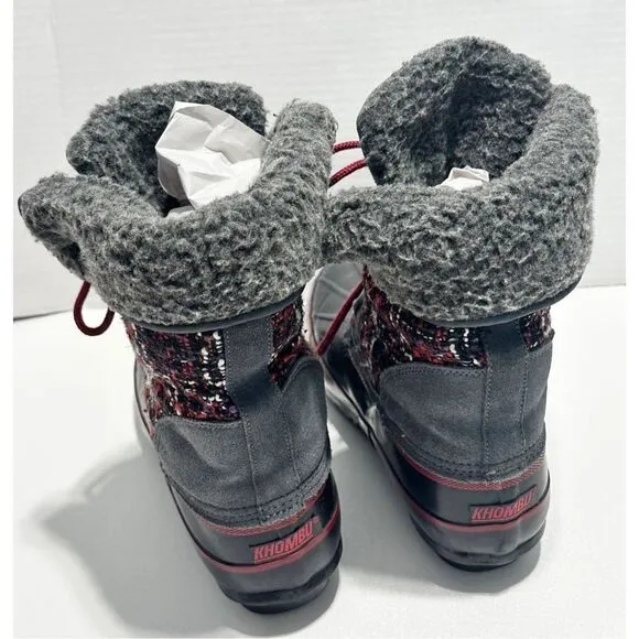 Khombu Elysse Rubber Upper Water Resistant Boots Plaid Lace Up Black Red 8