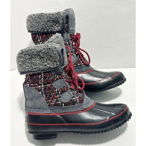 Khombu Elysse Rubber Upper Water Resistant Boots Plaid Lace Up Black Red 8