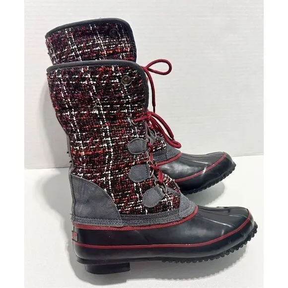 Khombu Elysse Rubber Upper Water Resistant Boots Plaid Lace Up Black Red 8