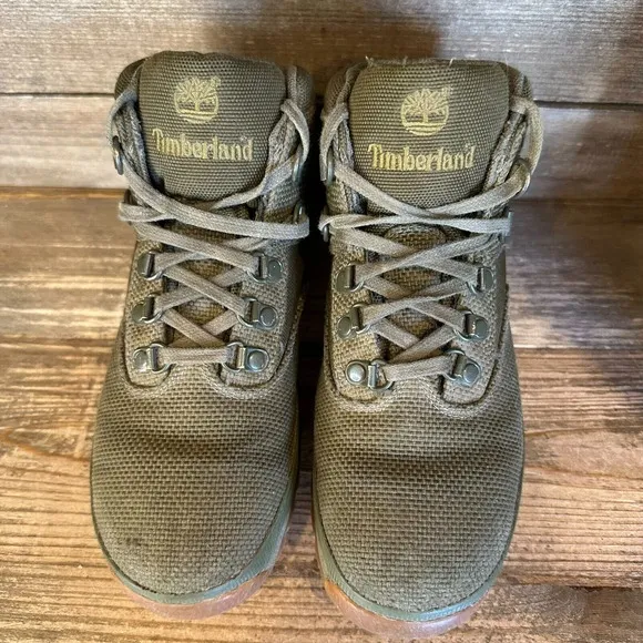 Kids Timberland Euro Hiker‎ Cordura Olive Green Mid Hiking Boots Shoes Size 2 Y