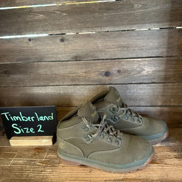 Kids Timberland Euro Hiker‎ Cordura Olive Green Mid Hiking Boots Shoes Size 2 Y