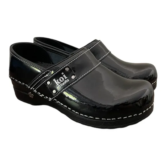 Koi Sanita Black Patent Leather Clogs Size 7 Women’s Nurse Shoes - Slip On