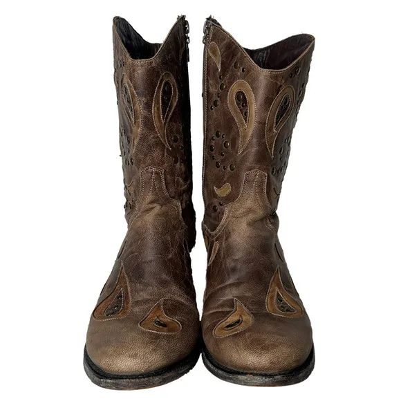 Lane Boots Brown with Cut-Outs, Studs and Side Zips Cowboy Cowgirl