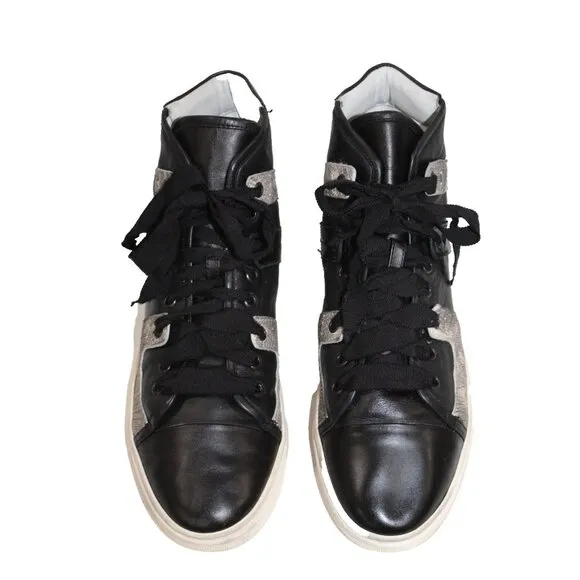LANVIN Black Leather Sporty High-Top Sneakers Gray Colorblock Italy Women's 40