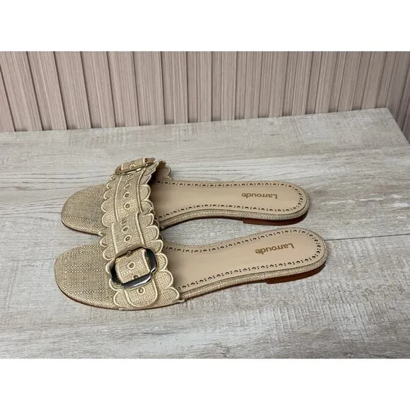 Larroudé Ivy Broderie Flat Mule In Beige Raffia Womens Shoes Sz 8.5