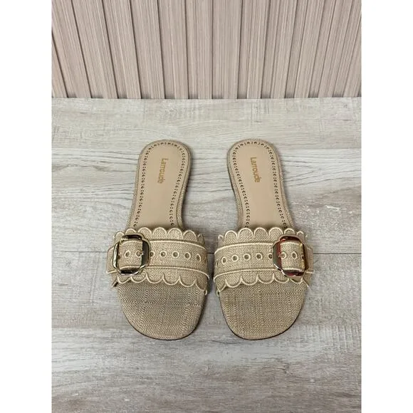 Larroudé Ivy Broderie Flat Mule In Beige Raffia Womens Shoes Sz 8.5