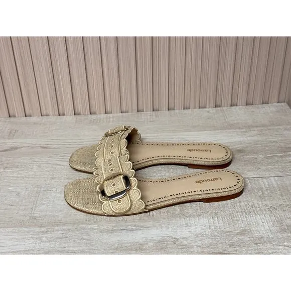 Larroudé Ivy Broderie Flat Mule In Beige Raffia Womens Shoes Sz 8.5