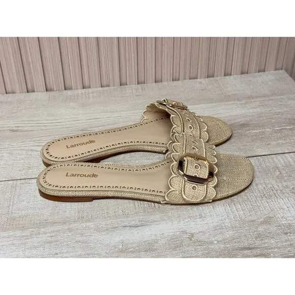 Larroudé Ivy Broderie Flat Mule In Beige Raffia Womens Shoes Sz 8.5