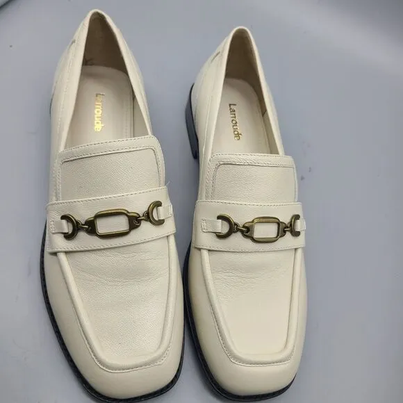 Larroudé Patricia Loafers ivory Kidskin Leather bronze Hardware Shoes sz 9 new