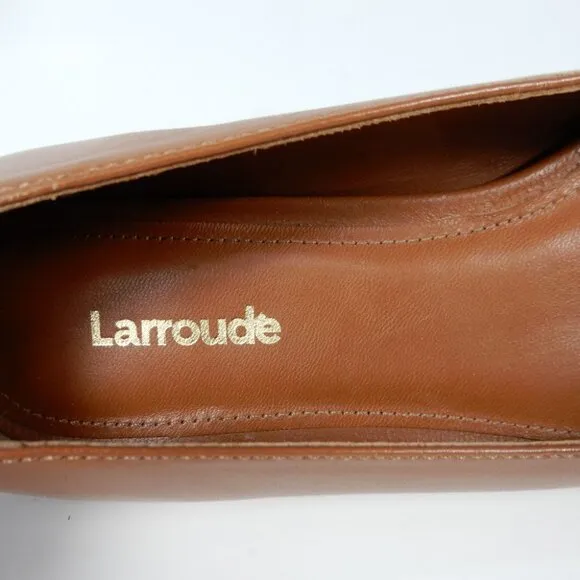 Larroude Maria Flats Size 6 Caramel Brown Leather Gold Buckle Logo NEW $330