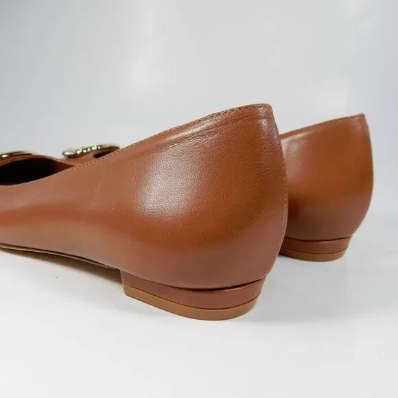 Larroude Maria Flats Size 6 Caramel Brown Leather Gold Buckle Logo NEW $330