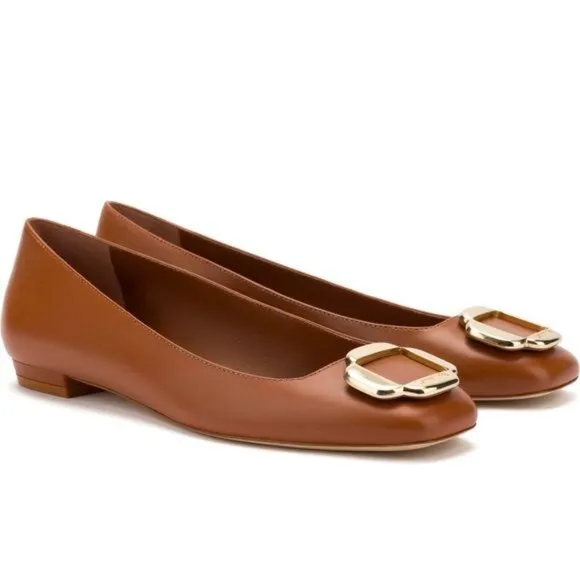 Larroude Maria Flats Size 6 Caramel Brown Leather Gold Buckle Logo NEW $330