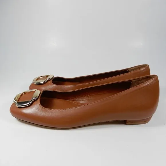 Larroude Maria Flats Size 6 Caramel Brown Leather Gold Buckle Logo NEW $330