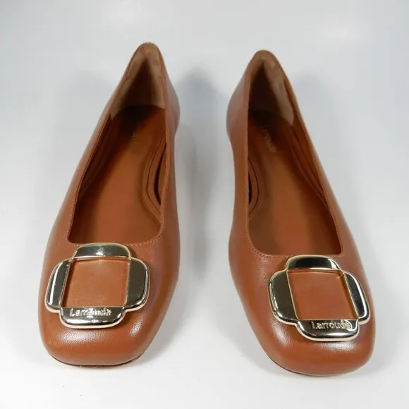 Larroude Maria Flats Size 6 Caramel Brown Leather Gold Buckle Logo NEW $330
