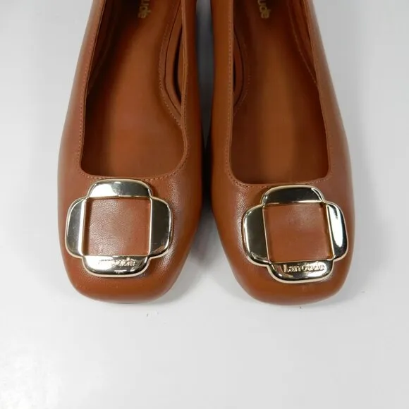 Larroude Maria Flats Size 6 Caramel Brown Leather Gold Buckle Logo NEW $330