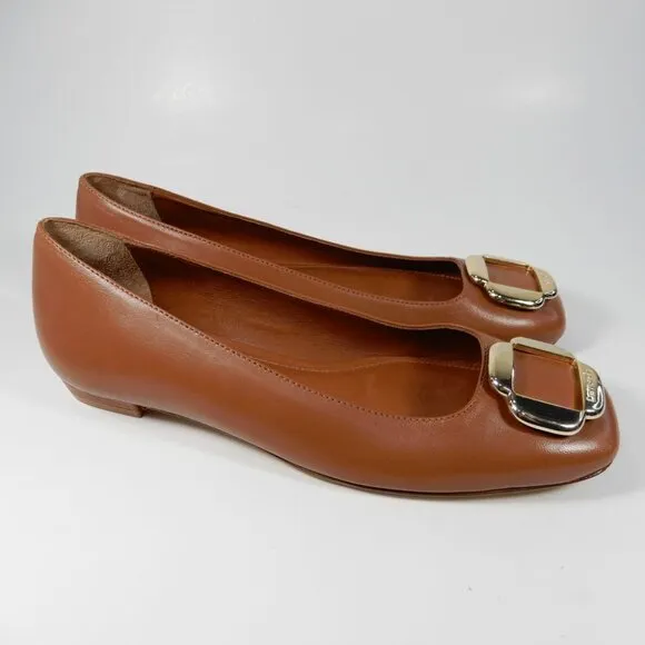 Larroude Maria Flats Size 6 Caramel Brown Leather Gold Buckle Logo NEW $330