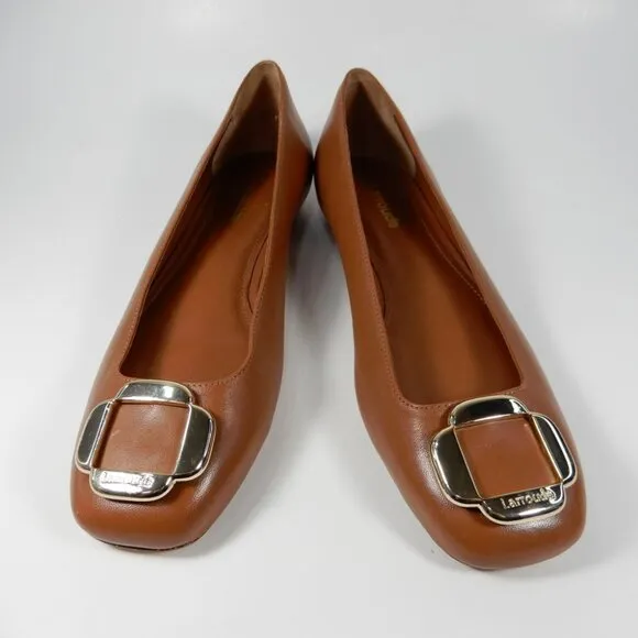 Larroude Maria Flats Size 6 Caramel Brown Leather Gold Buckle Logo NEW $330