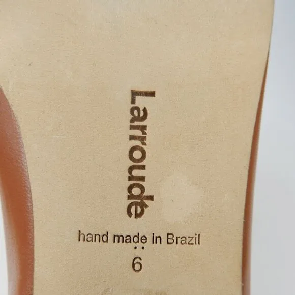 Larroude Maria Flats Size 6 Caramel Brown Leather Gold Buckle Logo NEW $330