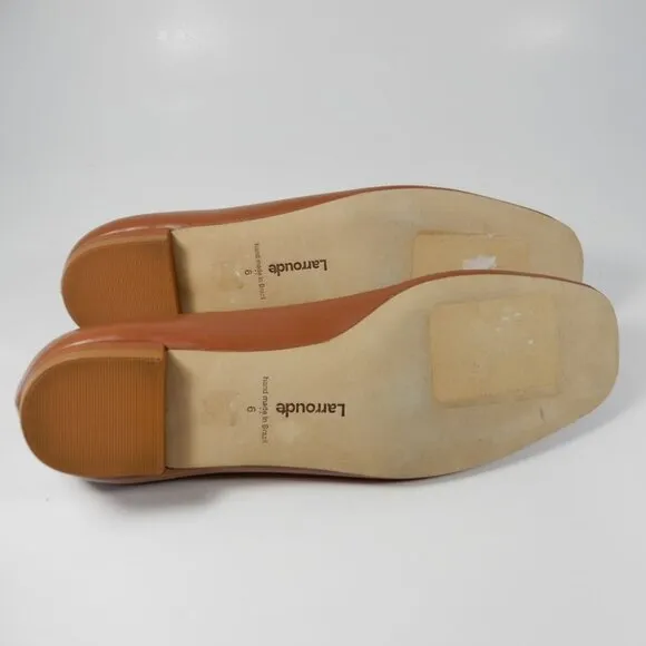 Larroude Maria Flats Size 6 Caramel Brown Leather Gold Buckle Logo NEW $330