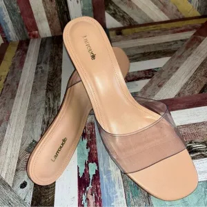 Larroude Vivi Lucite Mule In Tan Leather and Vinyl Sandals Shoes Stripper EUC 11