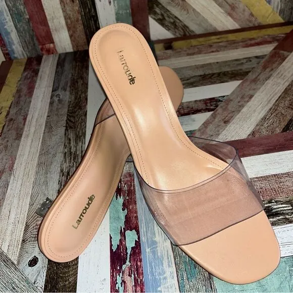 Larroude Vivi Lucite Mule In Tan Leather and Vinyl Sandals Shoes Stripper EUC 11