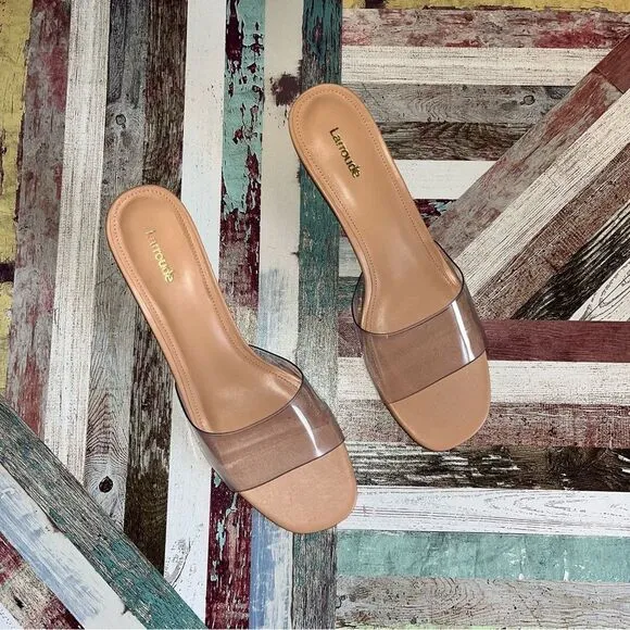 Larroude Vivi Lucite Mule In Tan Leather and Vinyl Sandals Shoes Stripper EUC 11