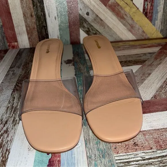 Larroude Vivi Lucite Mule In Tan Leather and Vinyl Sandals Shoes Stripper EUC 11