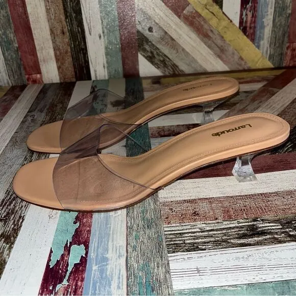 Larroude Vivi Lucite Mule In Tan Leather and Vinyl Sandals Shoes Stripper EUC 11