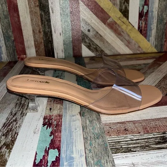 Larroude Vivi Lucite Mule In Tan Leather and Vinyl Sandals Shoes Stripper EUC 11