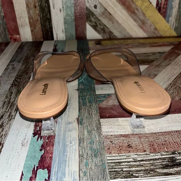 Larroude Vivi Lucite Mule In Tan Leather and Vinyl Sandals Shoes Stripper EUC 11