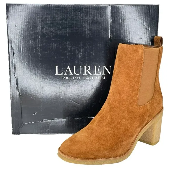 Lauren Ralph Lauren Marianna Tan Suede Leather Womens Ankle Boots Size 7.5M