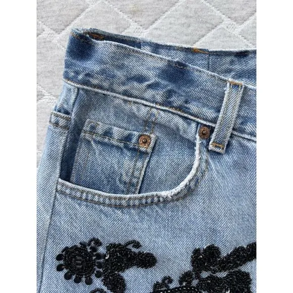 Le Superbe Jeans Womens 26 Blue Embellished Straight Leg Crop Beaded Casual