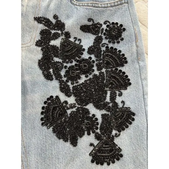 Le Superbe Jeans Womens 26 Blue Embellished Straight Leg Crop Beaded Casual