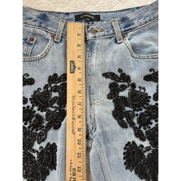 Le Superbe Jeans Womens 26 Blue Embellished Straight Leg Crop Beaded Casual