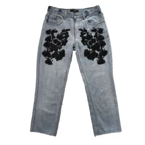 Le Superbe Jeans Womens 26 Blue Embellished Straight Leg Crop Beaded Casual