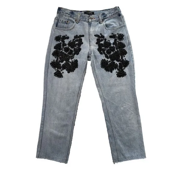 Le Superbe Jeans Womens 26 Blue Embellished Straight Leg Crop Beaded Casual