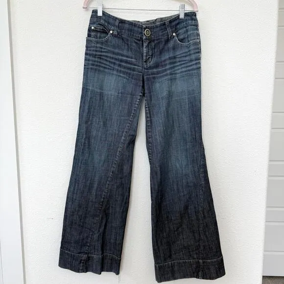 LEVEL 99 Wide Leg Jeans Dark Wash Size 29 Paneled Hem Y2K Low Rise Distressed