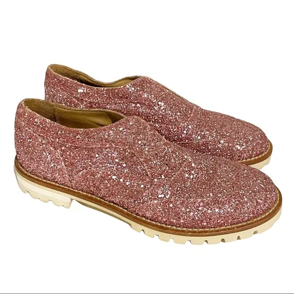 L'F Size 37 Pink Glitter Sparkle Gipsy Ilga Finished Leather Brogues Slip On