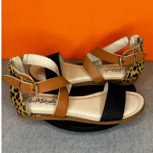 LifeStride Riley Flat Sandal Cheetah Print Black Brown Size 6.5 NEW