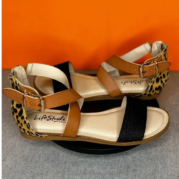 LifeStride Riley Flat Sandal Cheetah Print Black Brown Size 6.5 NEW