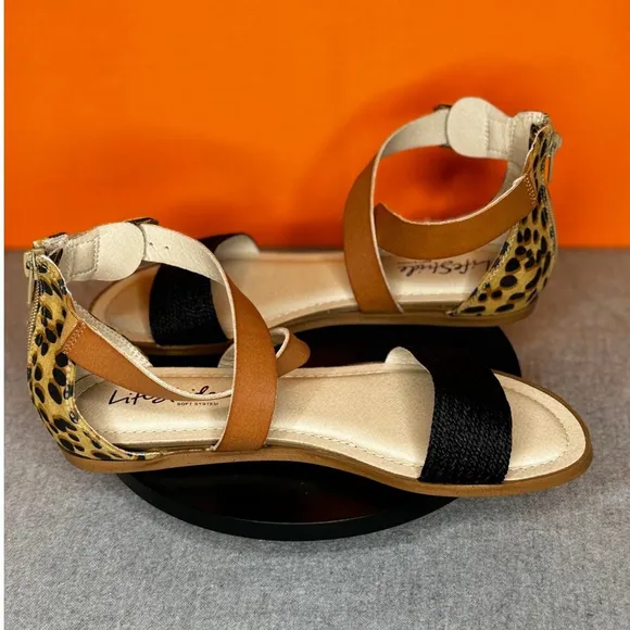 LifeStride Riley Flat Sandal Cheetah Print Black Brown Size 6.5 NEW